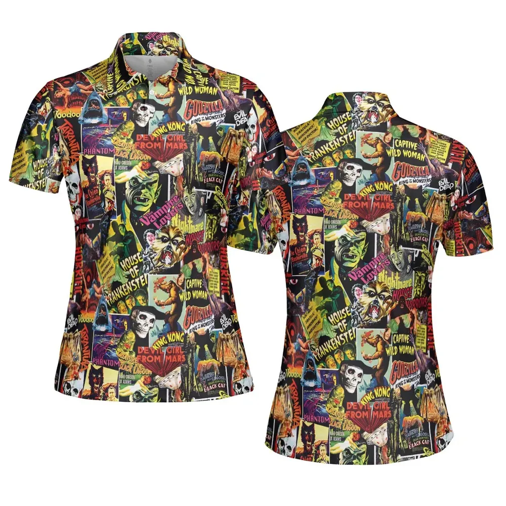 Fright Night Halloween Retro Horror Characters Collage AOP Men/Women Polo Shirt - 5