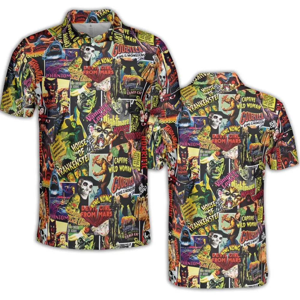 Fright Night Halloween Retro Horror Characters Collage AOP Men/Women Polo Shirt - 2