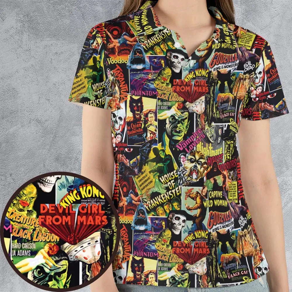 Fright Night Halloween Retro Horror Characters Collage AOP Men/Women Polo Shirt - 4
