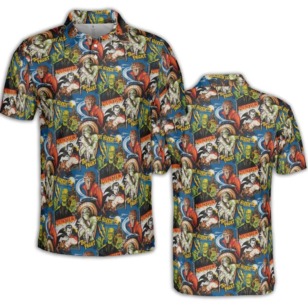 The Horror The Fright Dracula Frankenstein The Wolfman Monster Universal Pattern AOP Men/Women Polo Shirt - 2
