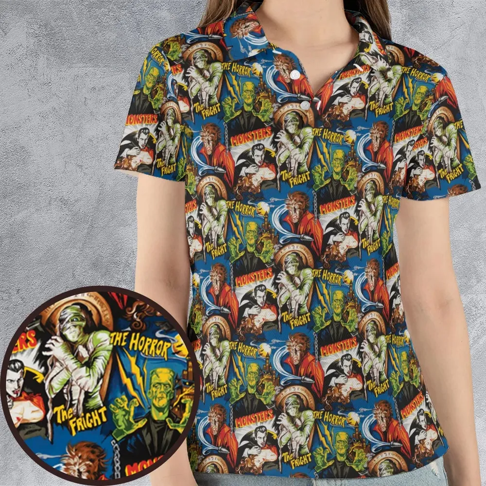 The Horror The Fright Dracula Frankenstein The Wolfman Monster Universal Pattern AOP Men/Women Polo Shirt - 4