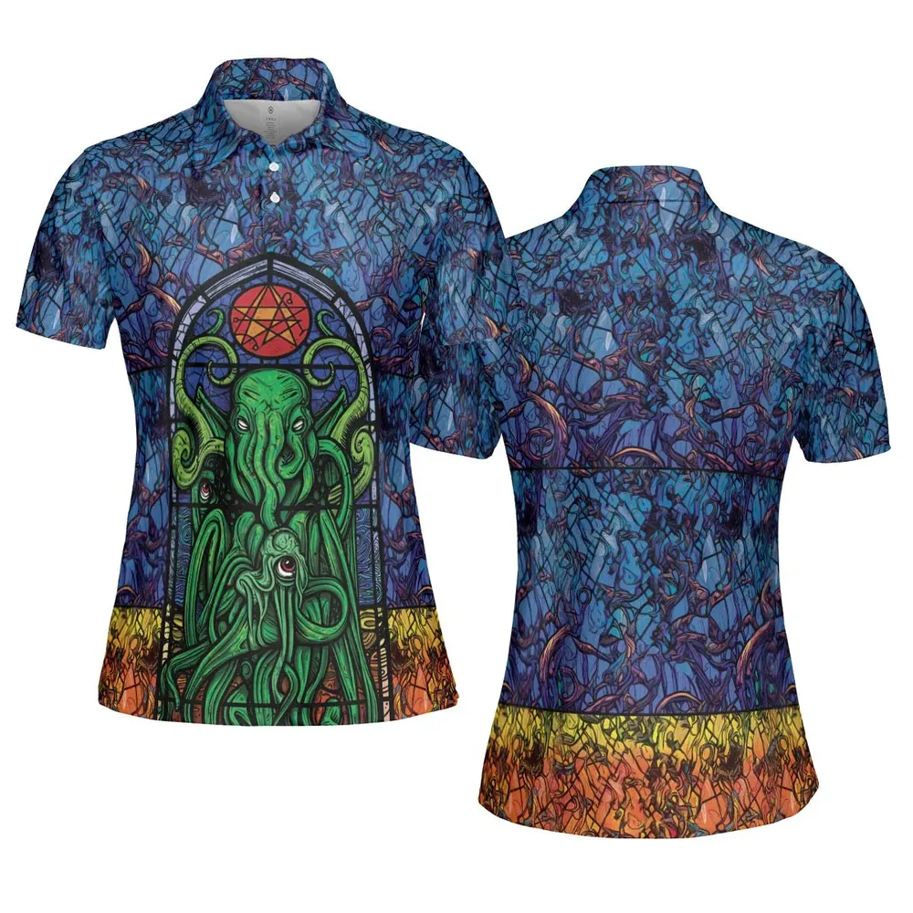 Stained Glass Cthulhu H.P Lovecraft AOP Men/Women Polo Shirt - 5