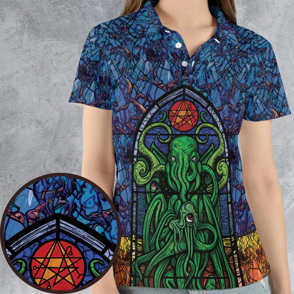 Stained Glass Cthulhu H.P Lovecraft AOP Men/Women Polo Shirt - 4