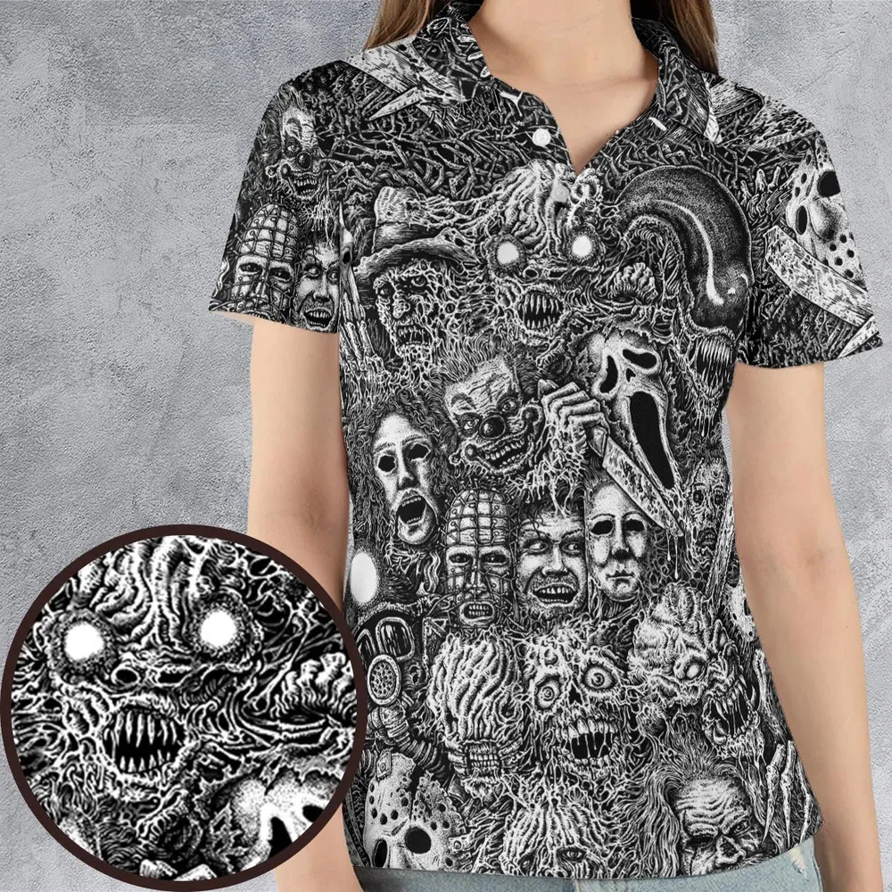 Horror Movie Assemblage Ghostface Xenomorph Pinhead Freddy Michael Myers AOP Men/Women Polo Shirt - 4