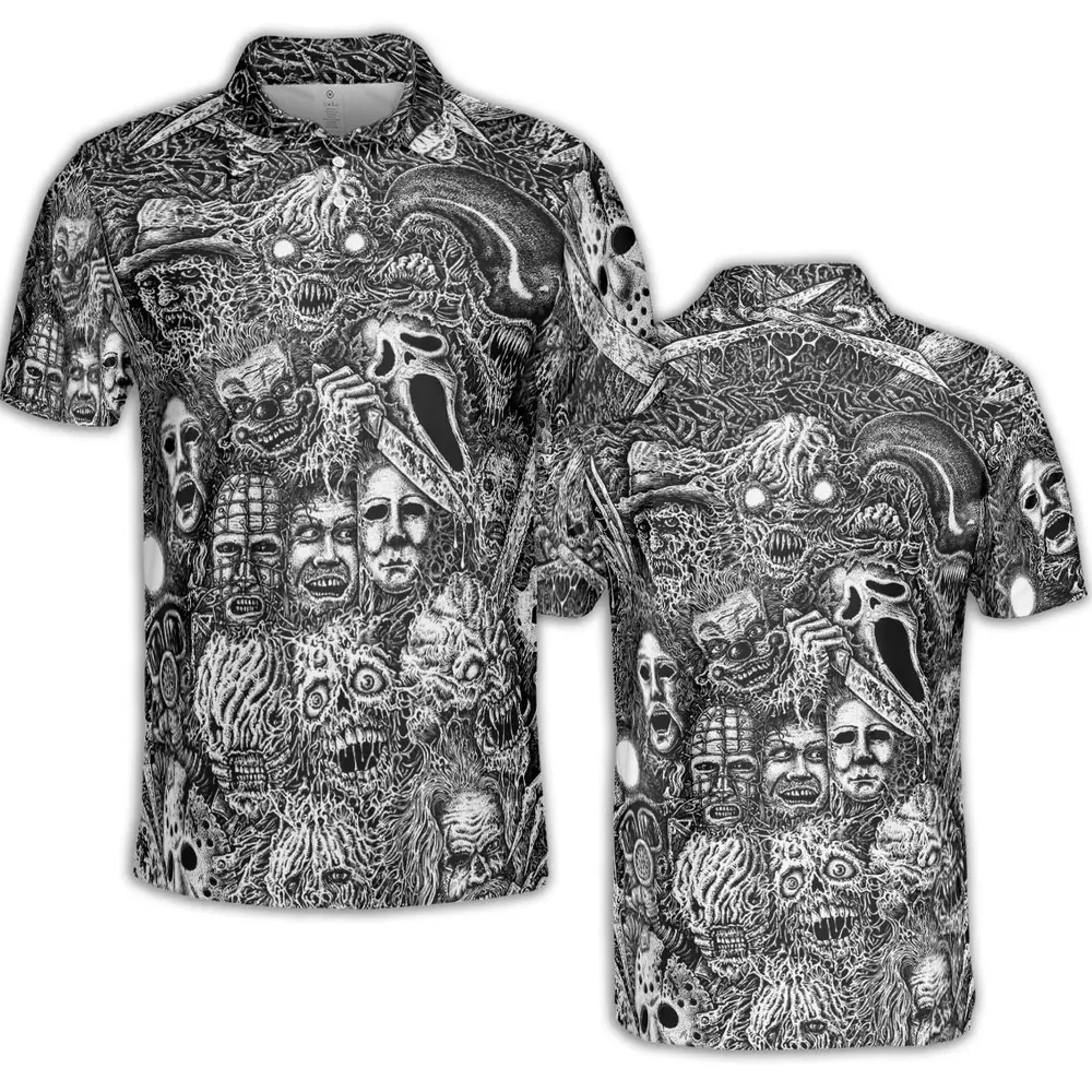 Horror Movie Assemblage Ghostface Xenomorph Pinhead Freddy Michael Myers AOP Men/Women Polo Shirt - 2