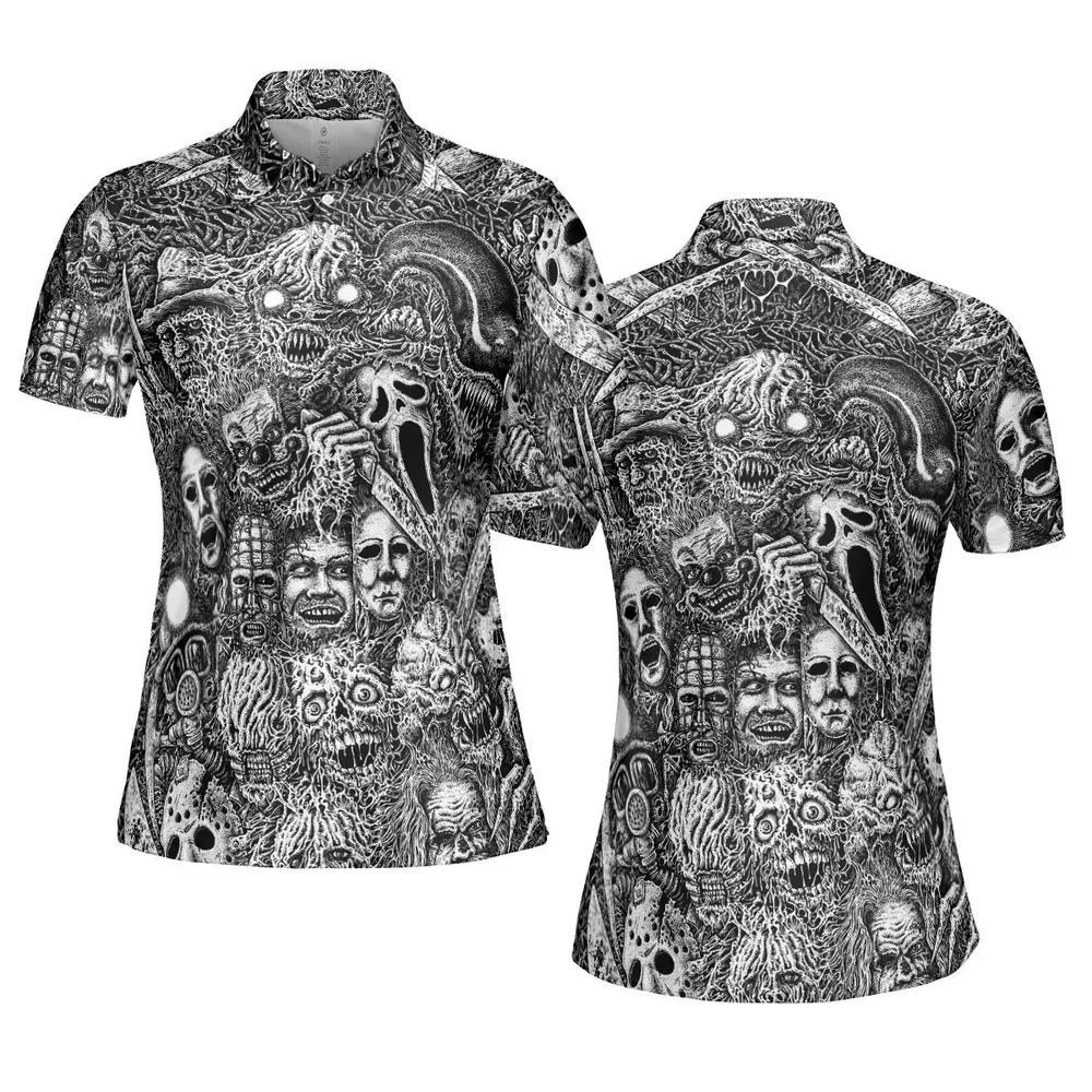 Horror Movie Assemblage Ghostface Xenomorph Pinhead Freddy Michael Myers AOP Men/Women Polo Shirt - 5