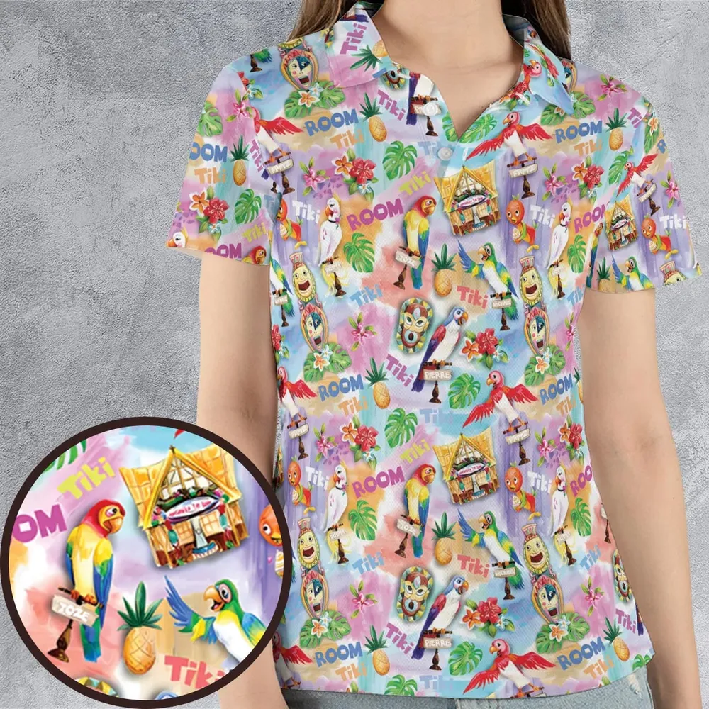 Tiki Room With Orange Bird AOP Men/Women Polo Shirt - 4
