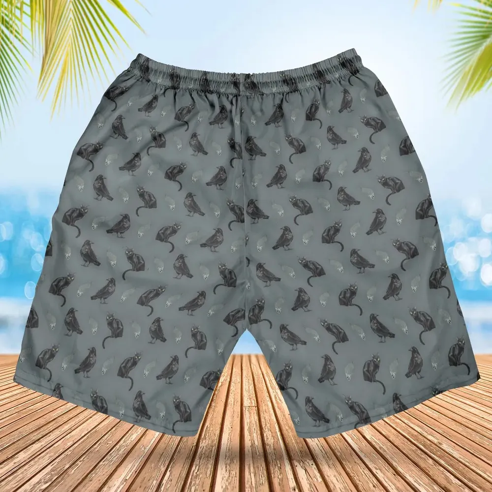 Black Cat and Raven Pattern Hawaiian Short - 2