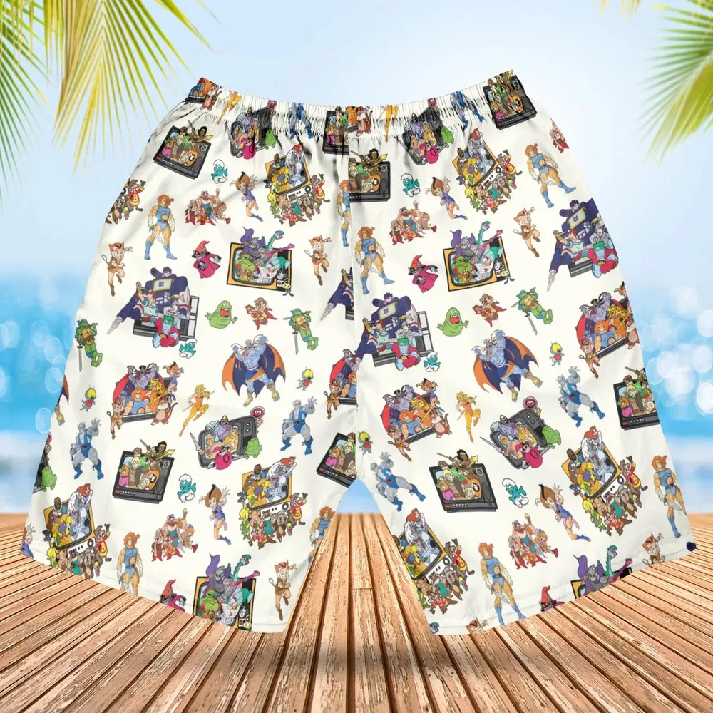 80s Famous Cartoon Characters Pattern Hawaiian Short - 2
