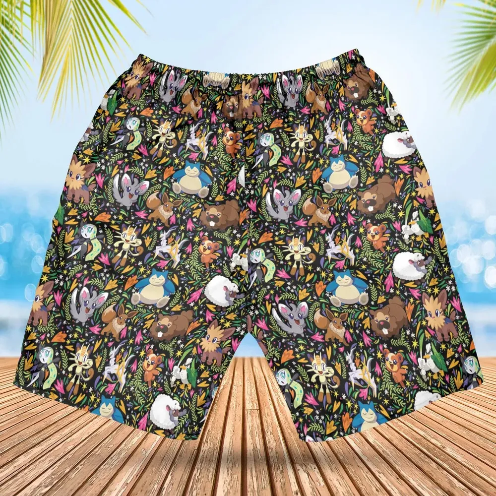 Floral Snorlax Bidoof Eevee Meloetta Pokemon Hawaiian Short - 2