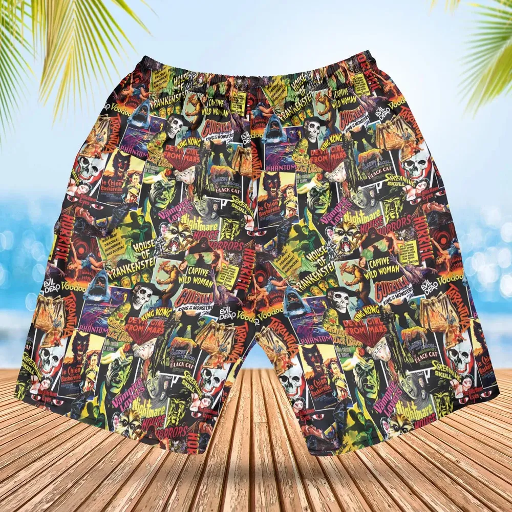 Fright Night Halloween Retro Horror Characters Collage Hawaiian Short - 2