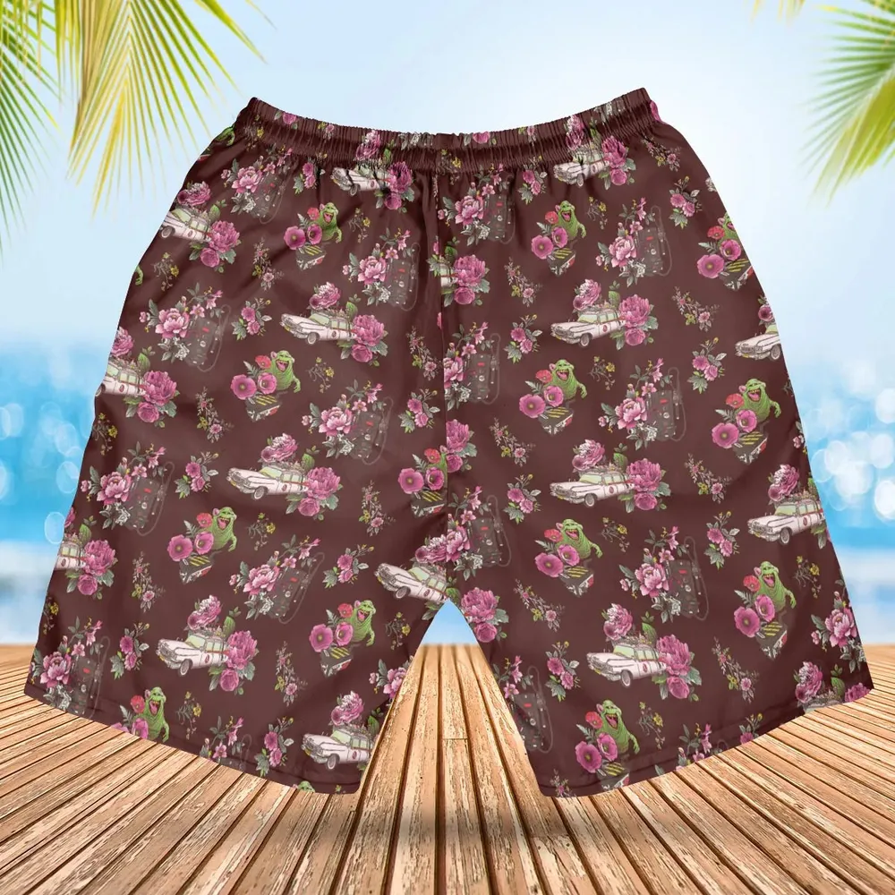 Slimer Ecto-1 Proton Pack Floral Ghostbusters Hawaiian Short - 2