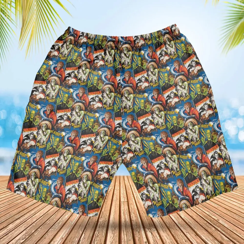 The Horror The Fright Dracula Frankenstein The Wolfman Monster Universal Pattern Hawaiian Short - 2