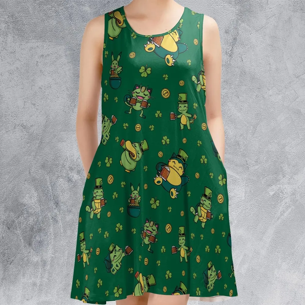 Happy St. Patrick day Pokemon Green Sleeveless Dress - 2