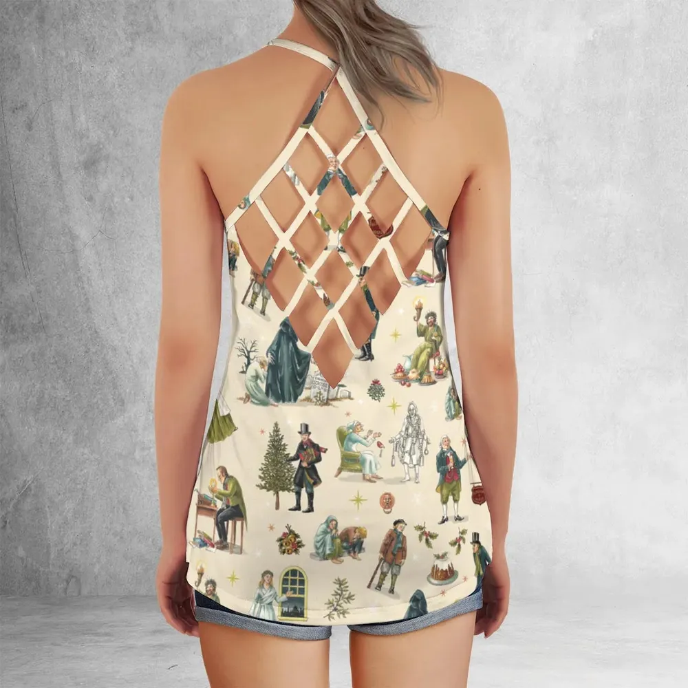 A Christmas Carol Characters Pattern Criss Cross Tank Top - 3