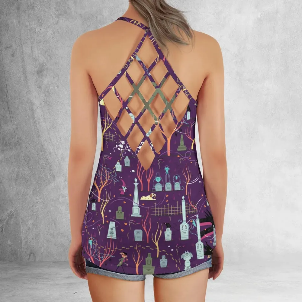 Nostalgic 80s 90s Spooky Scene Criss Cross Tank Top - 3