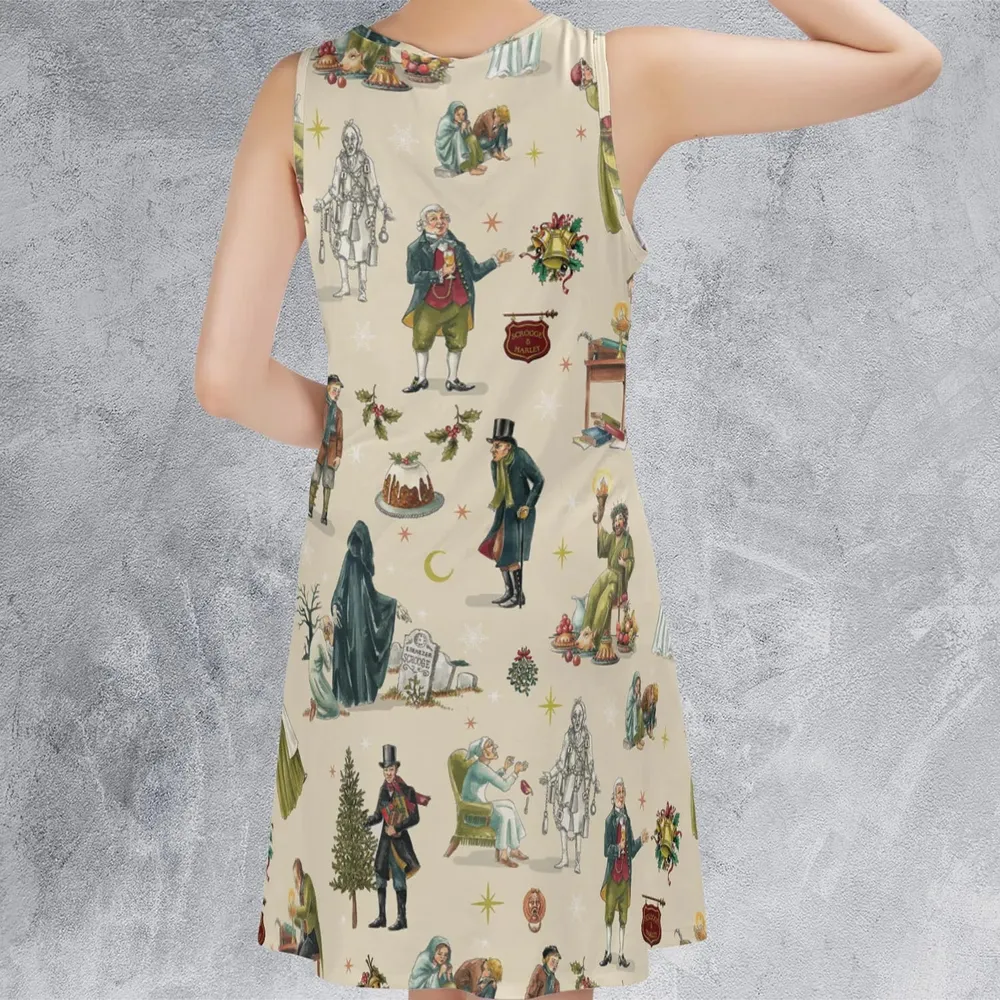 A Christmas Carol Characters Pattern Sleeveless Dress - 3
