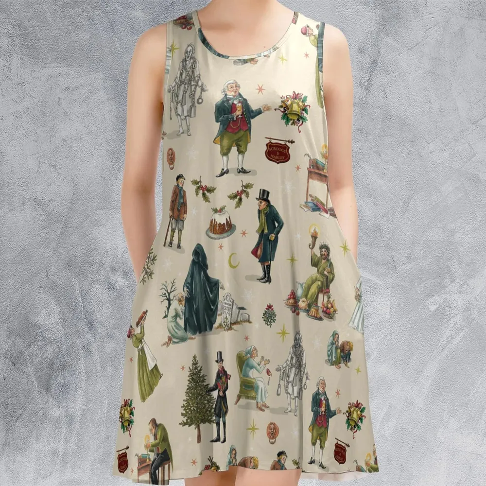A Christmas Carol Characters Pattern Sleeveless Dress - 2