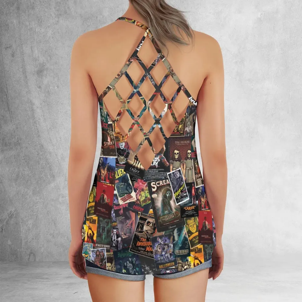 Vintage Horror Pattern Criss Cross Tank Top - 3