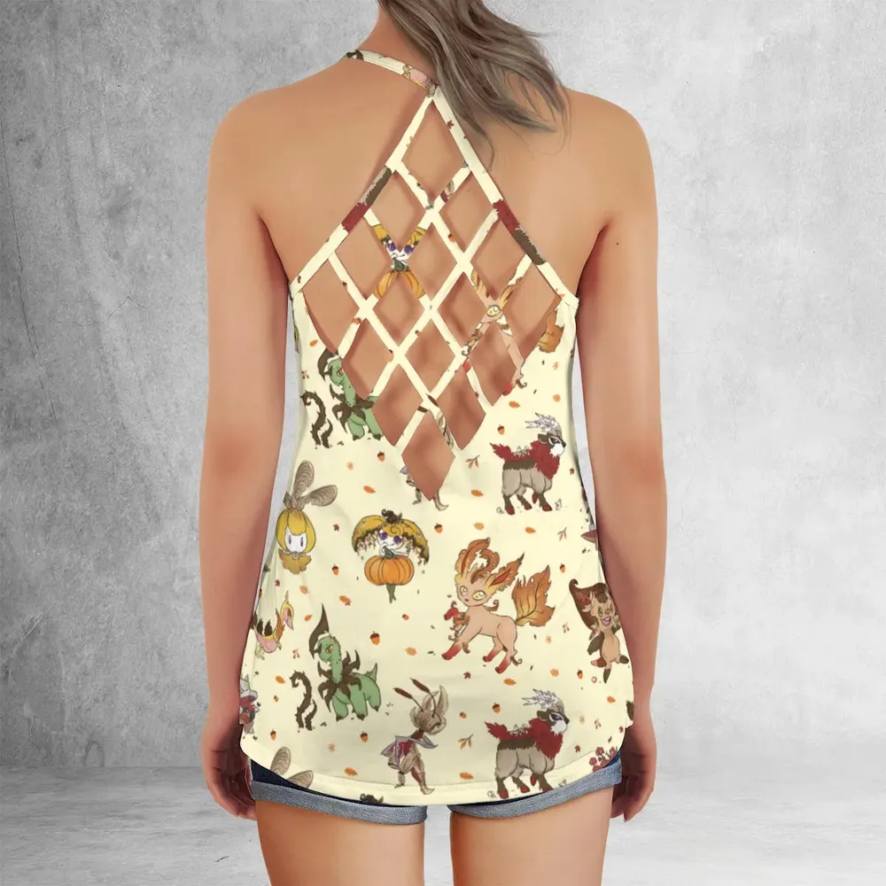 Autumn Vibes Pokemon Pattern Criss Cross Tank Top - 3