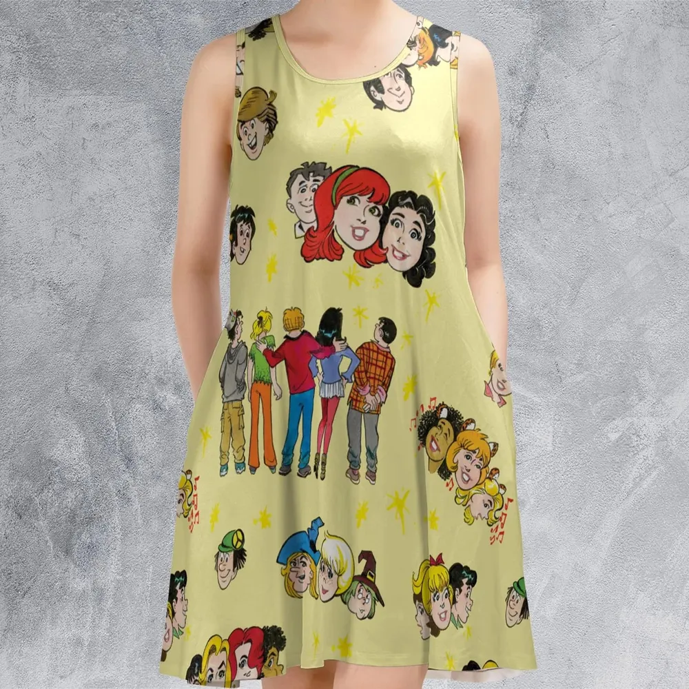 Nostalgic Cartoons in Archie Style Sleeveless Dress - 2