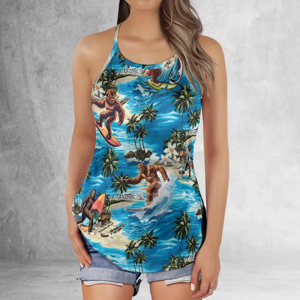 Bigfoot Surfing Summer Vibes Criss Cross Tank Top - 2