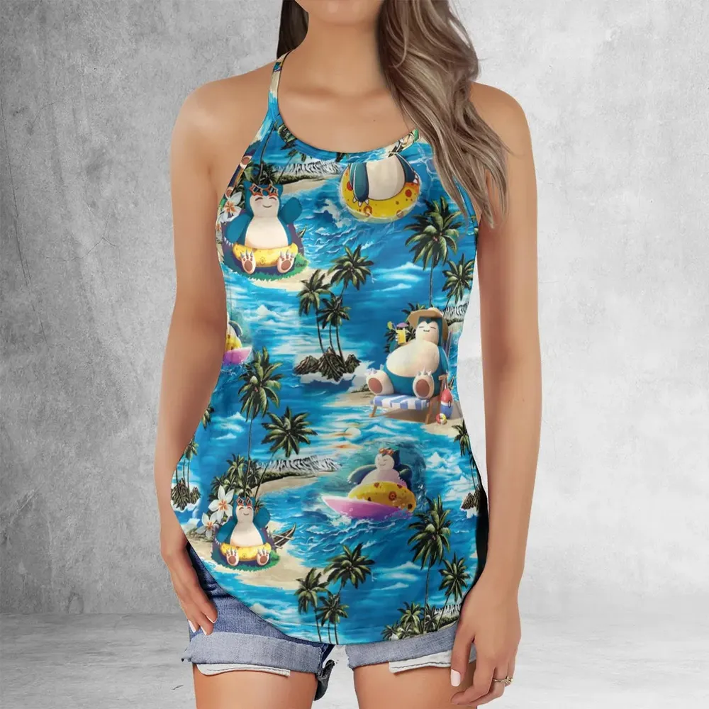 Snorlax Surfing Summer Vibes Criss Cross Tank Top - 2