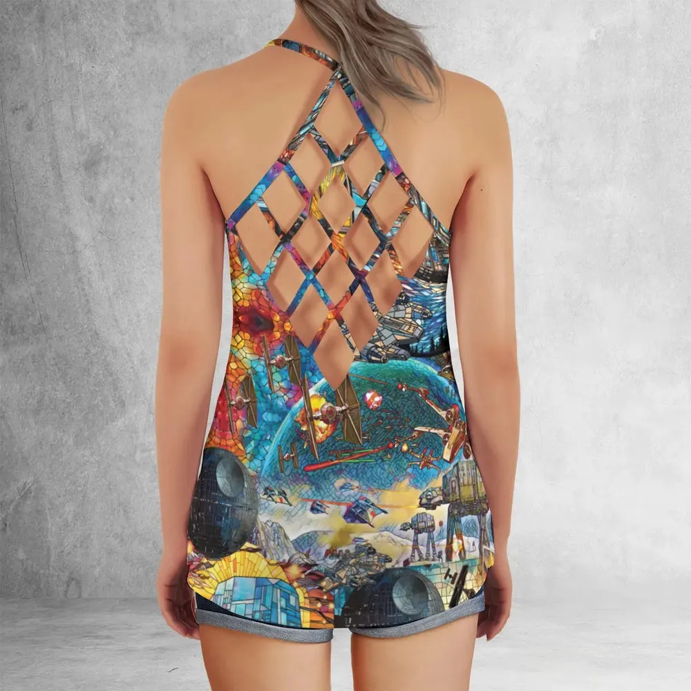 Spaceships Death Star Suncatcher Glass Criss Cross Tank Top - 3