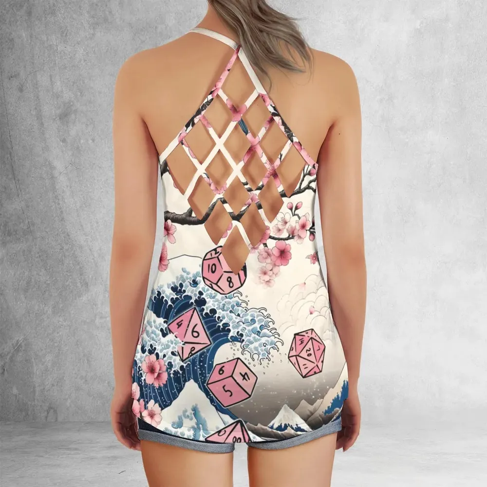 Pink Flower Dice DnD Criss Cross Tank Top - 3