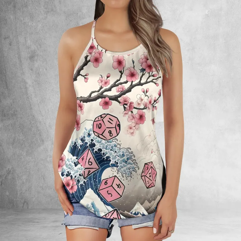 Pink Flower Dice DnD Criss Cross Tank Top - 2