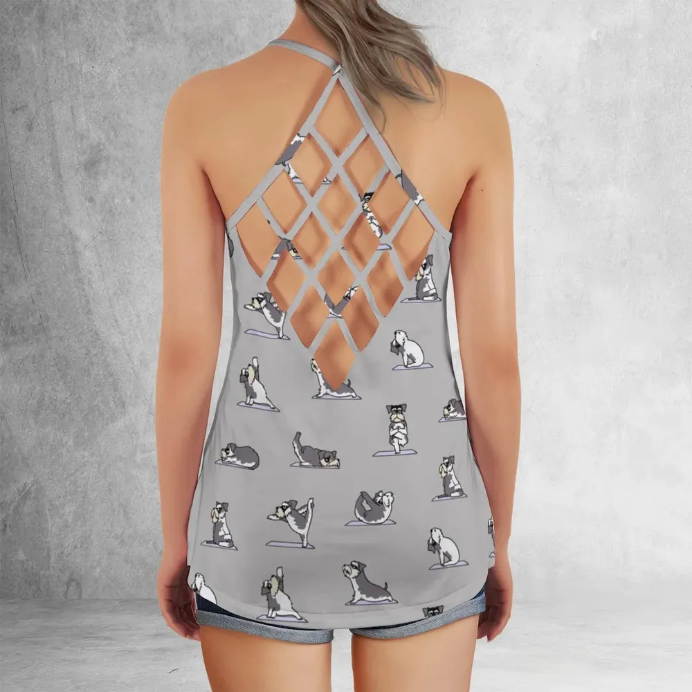 Miniature Schnauzer Yoga Pattern Criss Cross Tank Top - 3