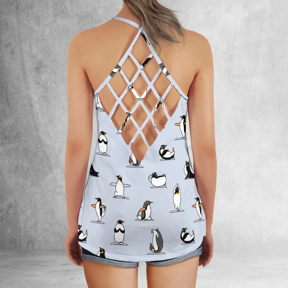 Penguin Yoga Pattern Criss Cross Tank Top - 3