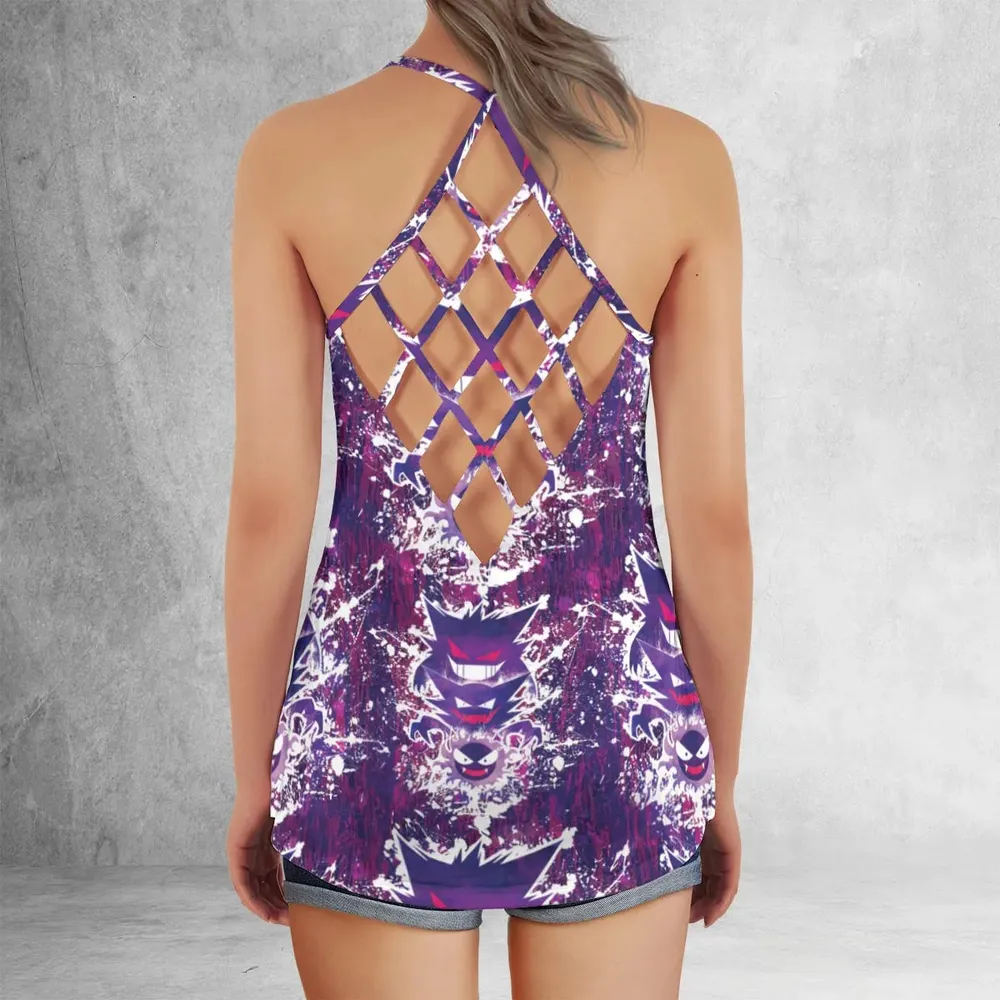 Ghostly Evolution Ghastly Haunter Gengar Pokemon Criss Cross Tank Top - 3