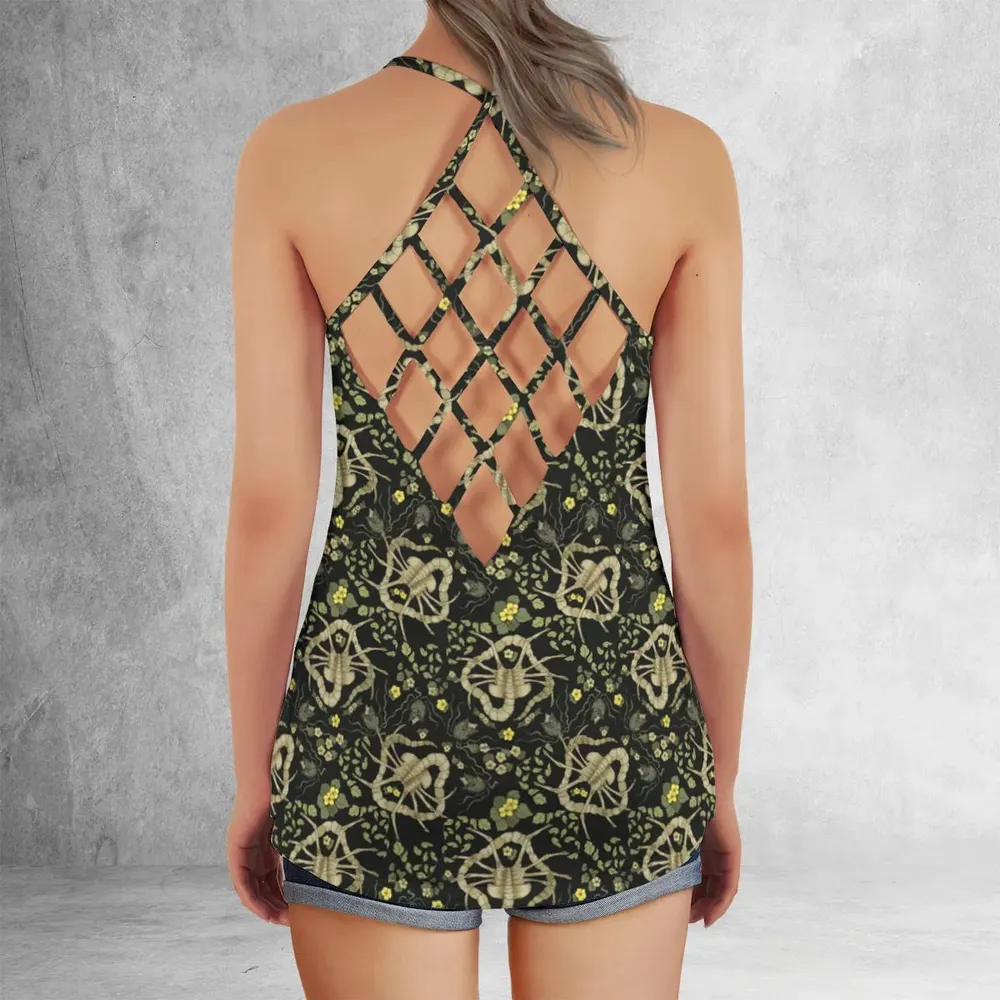 Facehugger Flower Pattern Alien Criss Cross Tank Top - 3