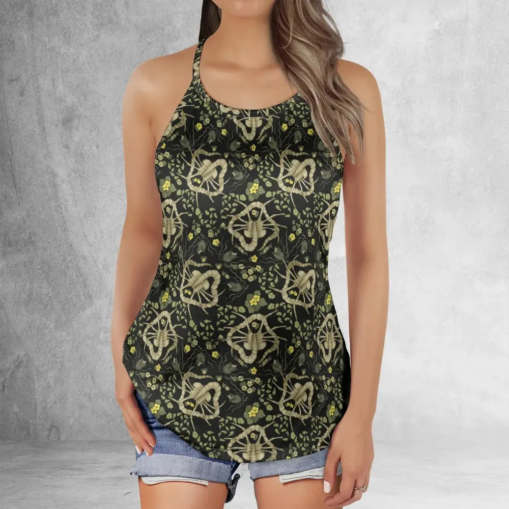 Facehugger Flower Pattern Alien Criss Cross Tank Top - 2
