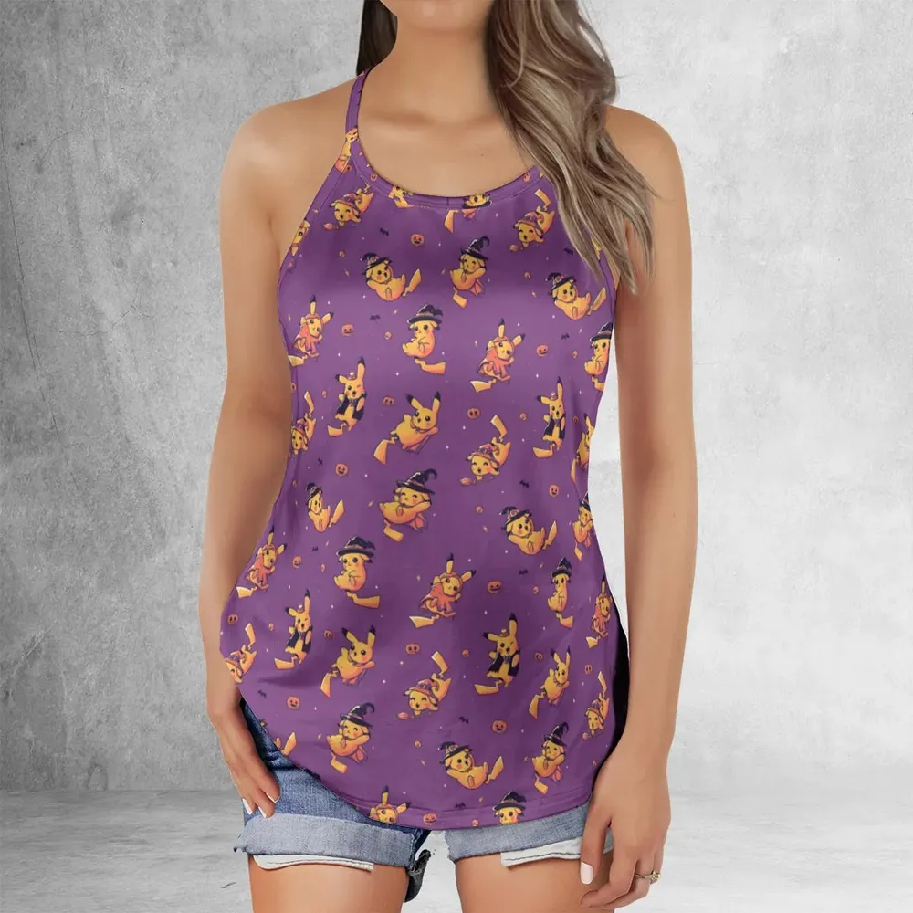 Electric Halloween Cute Pikachu Pattern Criss Cross Tank Top - 2