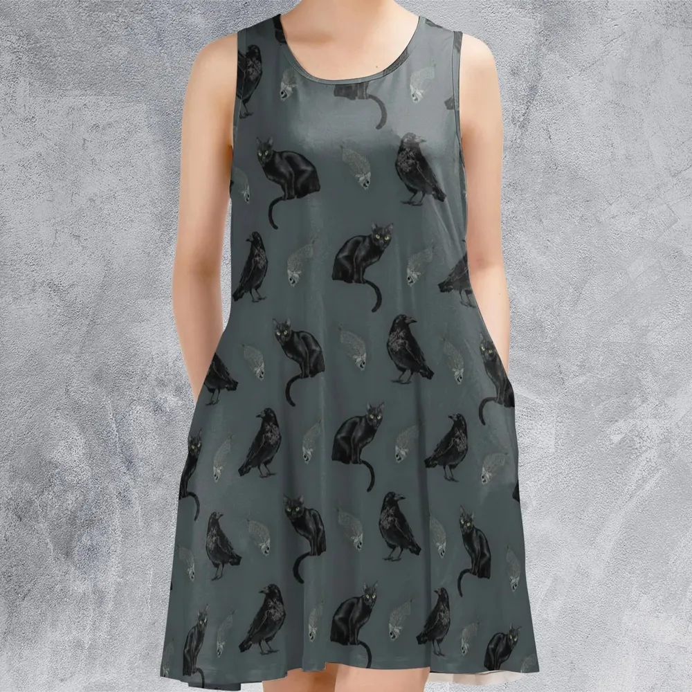 Black Cat and Raven Pattern Sleeveless Dress - 2