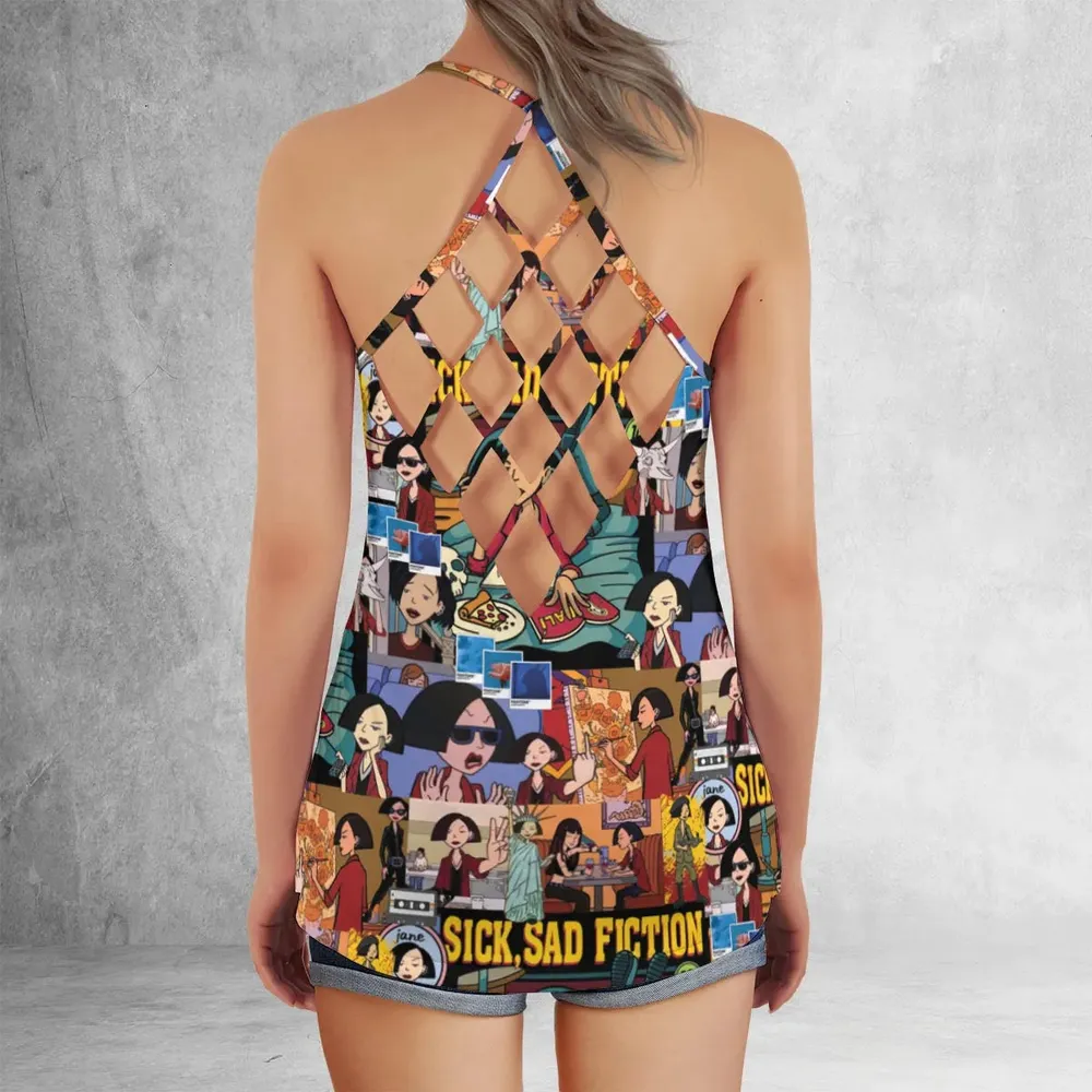 Daria Sick Sad Fiction Pattern Criss Cross Tank Top - 3
