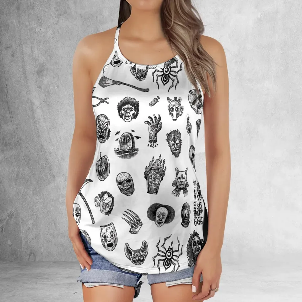 Cult Horror Characters Cryptkeeper Beetlejuice Chucky Fears of a clown Criss Cross Tank Top - 2