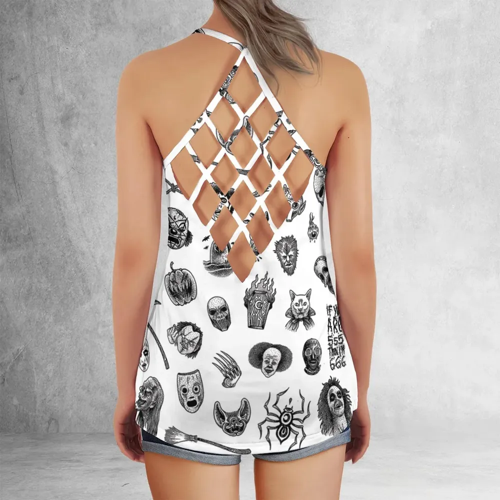 Cult Horror Characters Cryptkeeper Beetlejuice Chucky Fears of a clown Criss Cross Tank Top - 3