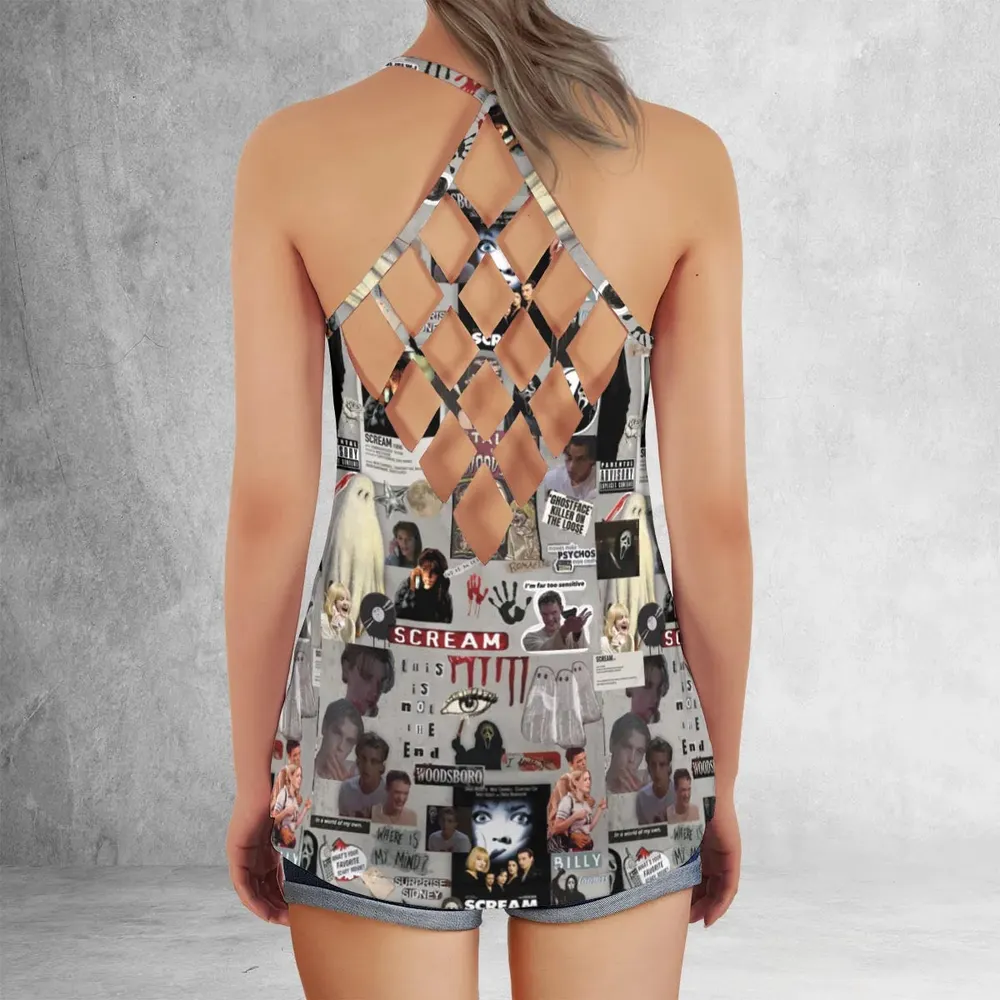 Crime Scene Scream Aesthetic Pattern Criss Cross Tank Top - 3