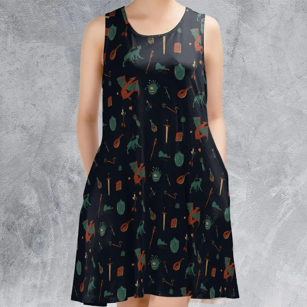 DnD Items and Monsters Pattern Sleeveless Dress - 2