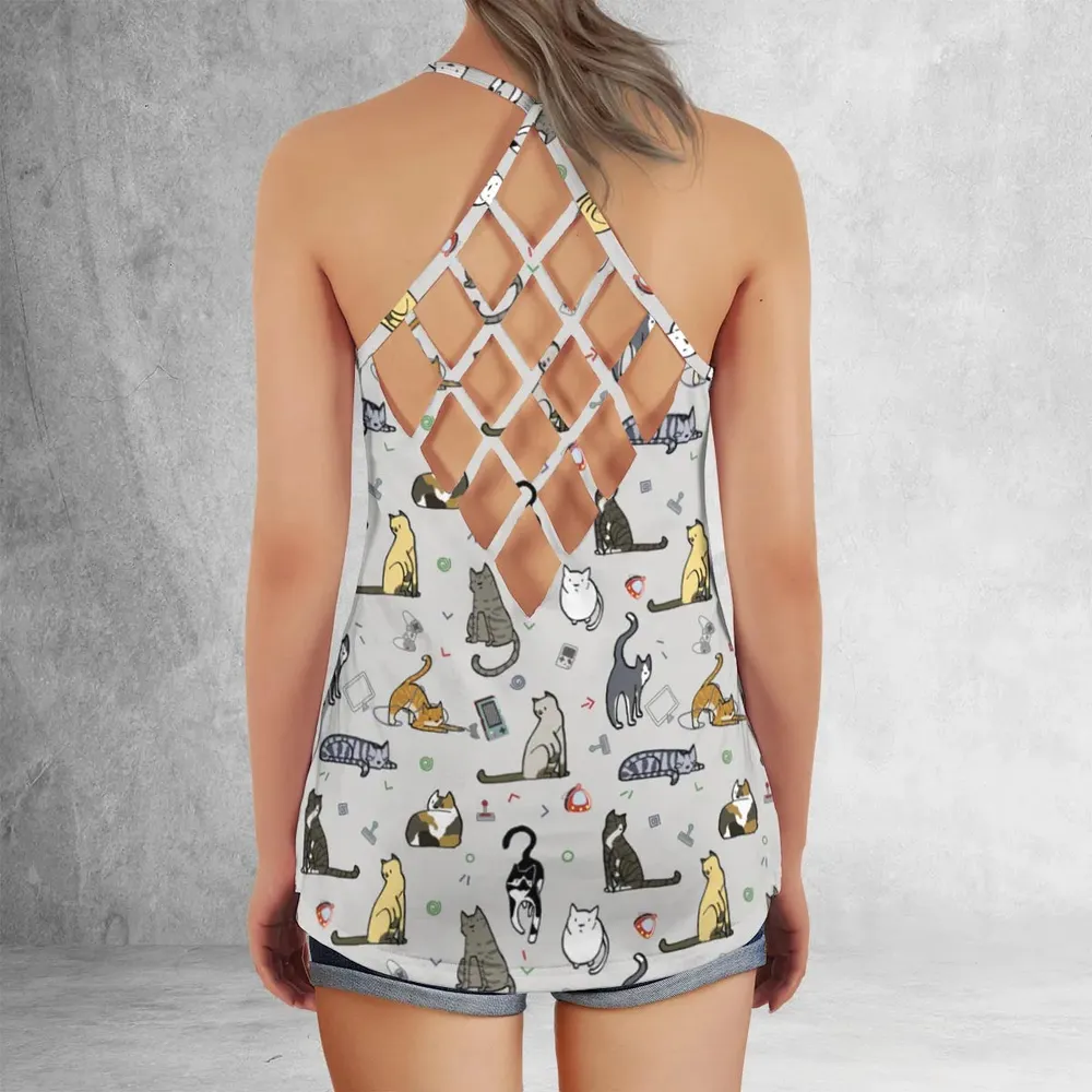 Cat the Gamer Pattern Criss Cross Tank Top - 3