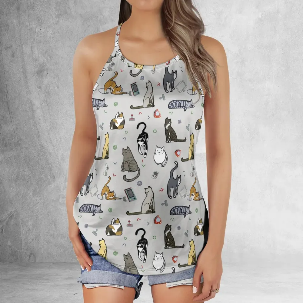 Cat the Gamer Pattern Criss Cross Tank Top - 2