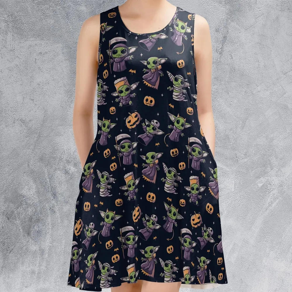 Cute Baby Yoda Halloween Pattern Sleeveless Dress - 2