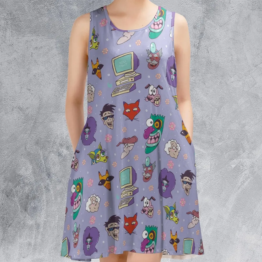 Courage the Cowardly Dog Characters Pattern Sleeveless Dress - 2