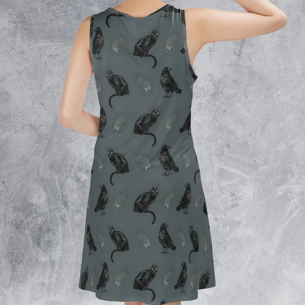 Cat and Raven Edgar Allan Poe Pattern Sleeveless Dress - 3