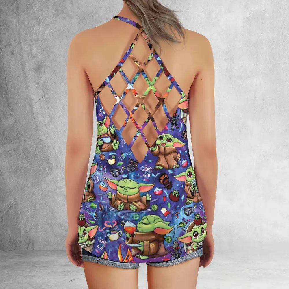Baby Yoda In the Galaxy Criss Cross Tank Top - 3