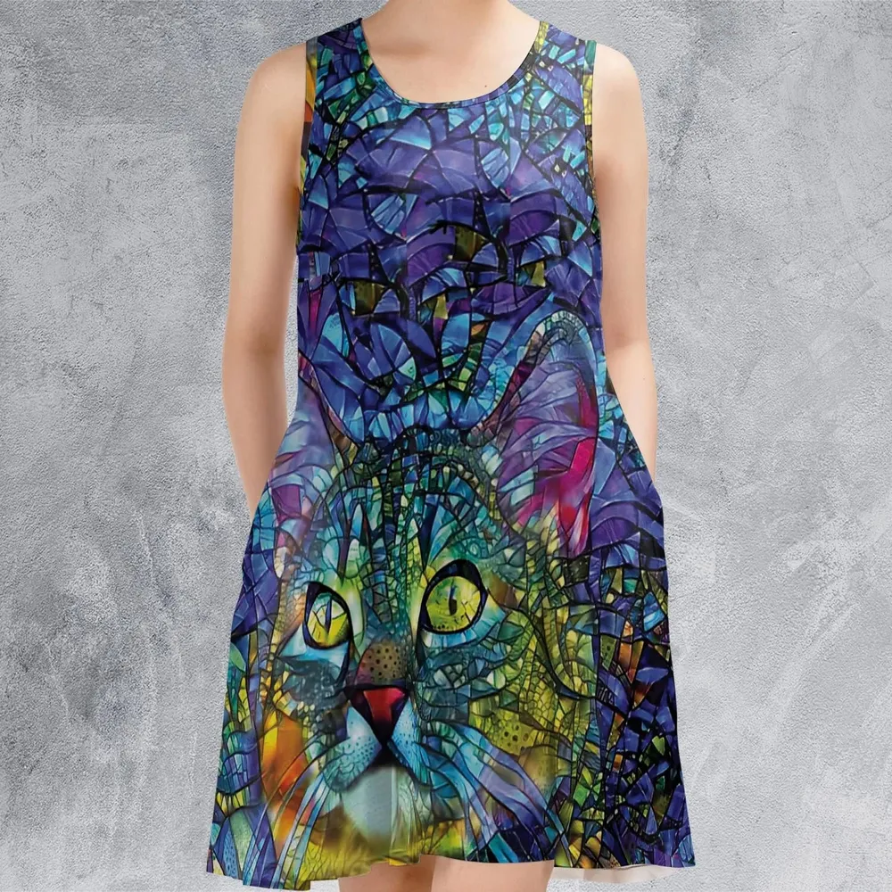 Cat Stained Glass Sleeveless Dress - 2