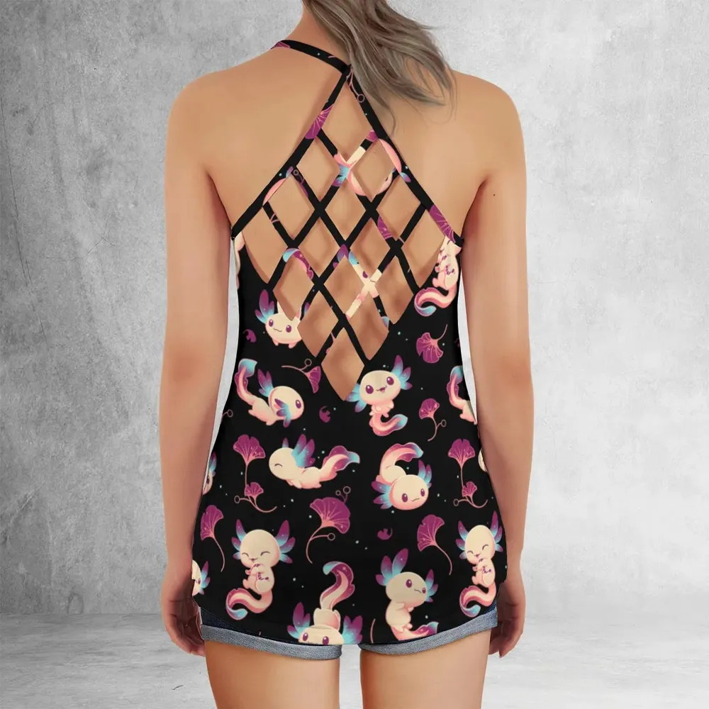 Axolotl Wonders Cute Salamanders Pattern Criss Cross Tank Top - 3